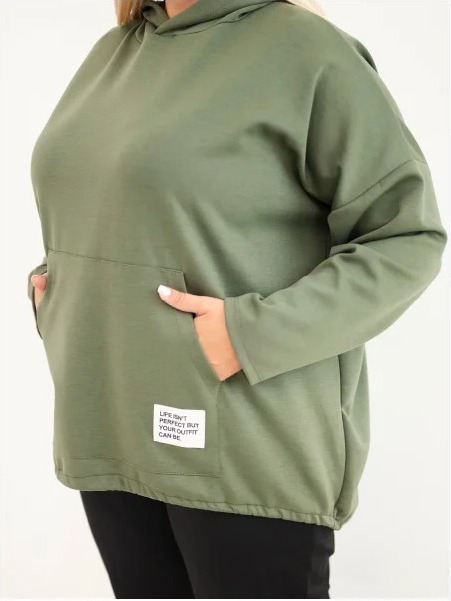 Dámska veľkosť Plus veľká viskózová mikina s kapucňou a klokankovou vreckom khaki