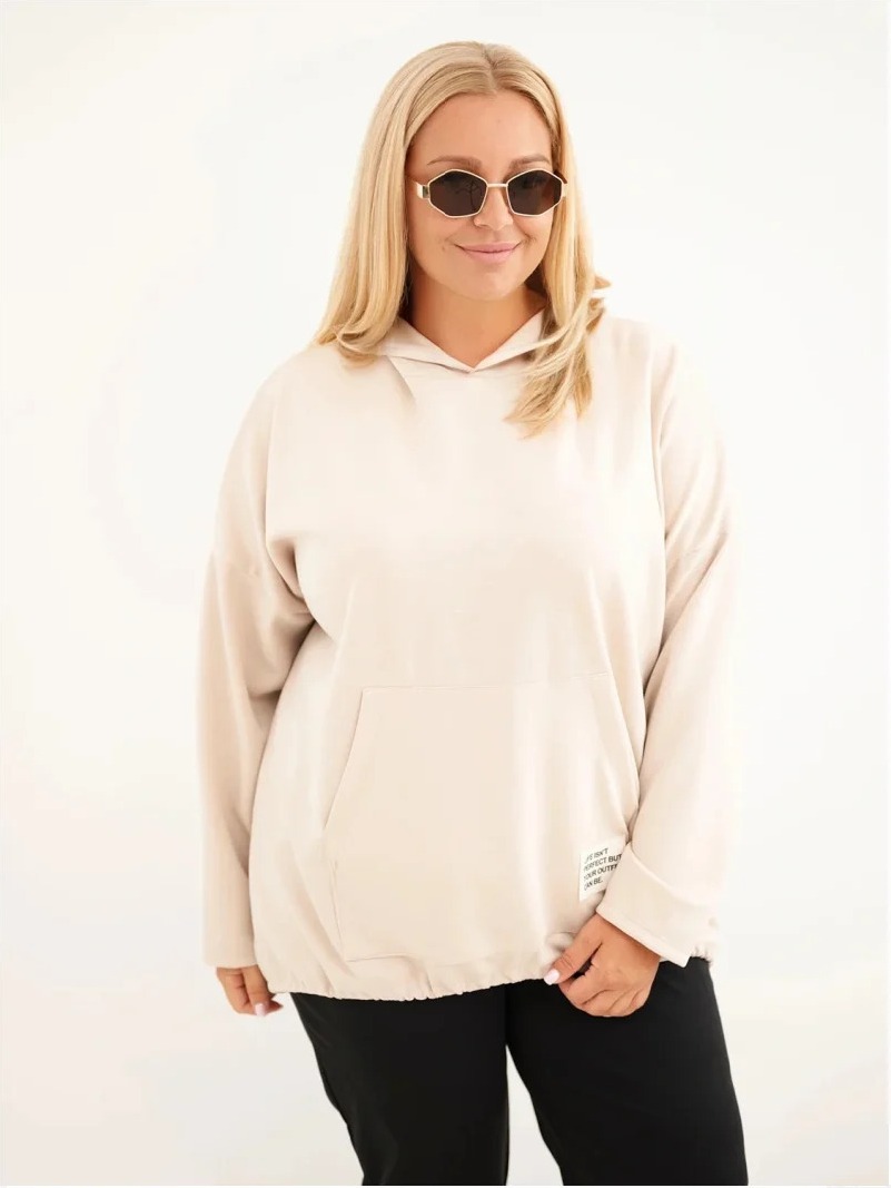 Dámska mikina Plus Size z viskózy s kapucňou a klokankovým vreckom béžová