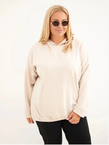 Dámska mikina Plus Size z viskózy s kapucňou a klokankovým vreckom béžová