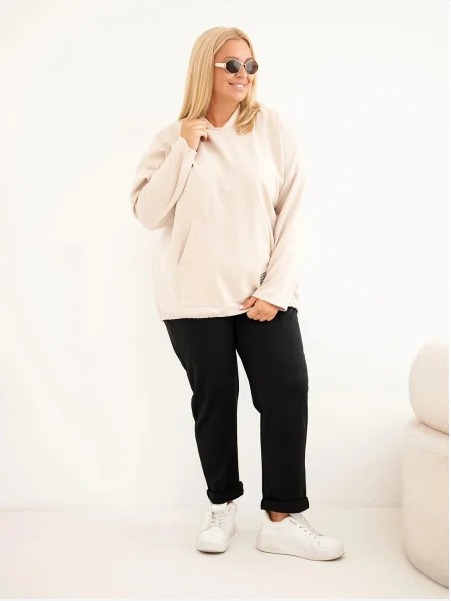 Dámska mikina Plus Size z viskózy s kapucňou a klokankovým vreckom béžová
