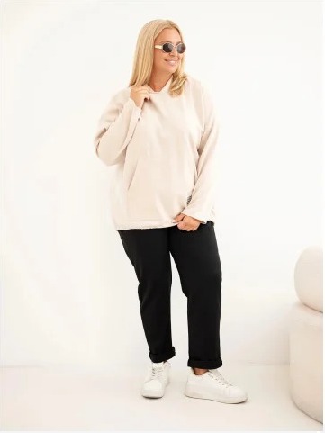 Dámska mikina Plus Size z viskózy s kapucňou a klokankovým vreckom béžová