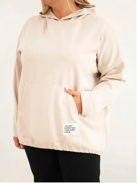 Dámska mikina Plus Size z viskózy s kapucňou a klokankovým vreckom béžová