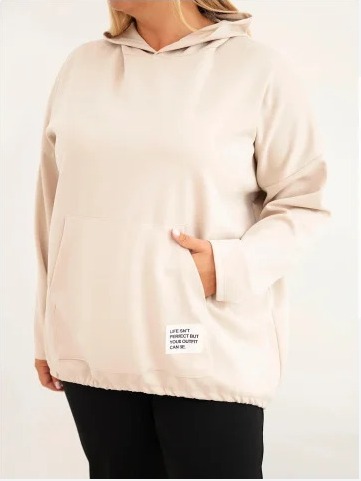 Dámska mikina Plus Size z viskózy s kapucňou a klokankovým vreckom béžová