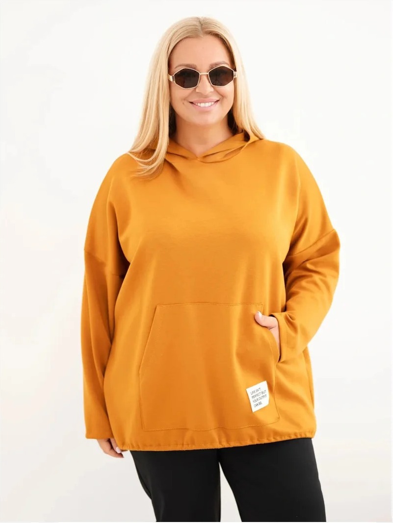 Dámska mikina Plus Size viskózová s kapucňou a klokankovým vreckom horčicová