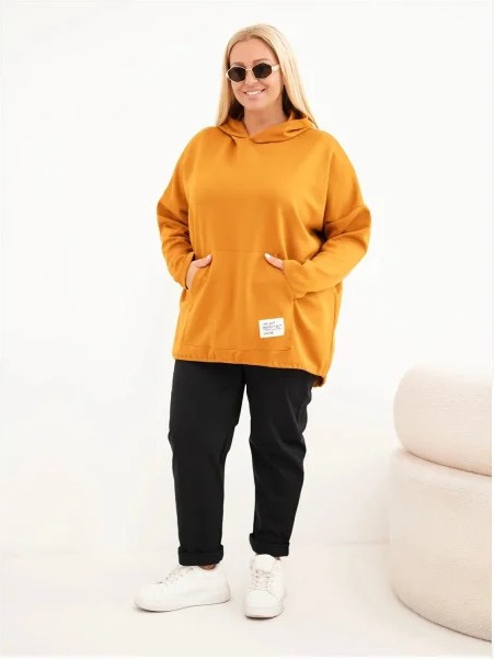 Dámska mikina Plus Size viskózová s kapucňou a klokankovým vreckom horčicová