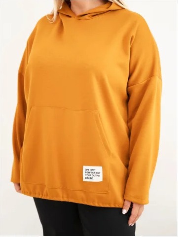 Dámska mikina Plus Size viskózová s kapucňou a klokankovým vreckom horčicová