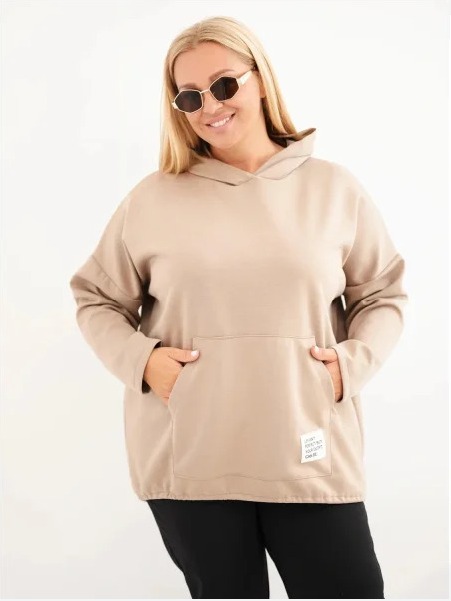 Dámska mikina Plus Size z viskózy s kapucňou a klokankovým vreckom camelová