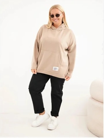 Dámska mikina Plus Size z viskózy s kapucňou a klokankovým vreckom camelová
