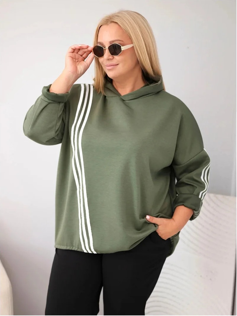 Dámska mikina Plus Size z viskózy s kapucňou a ozdobnými pásikmi khaki