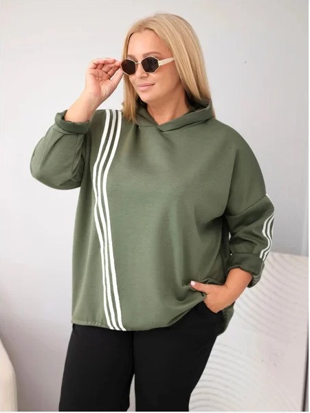 Dámska mikina Plus Size z viskózy s kapucňou a ozdobnými pásikmi khaki