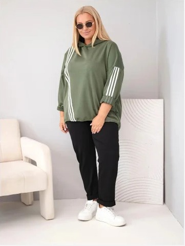 Dámska mikina Plus Size z viskózy s kapucňou a ozdobnými pásikmi khaki