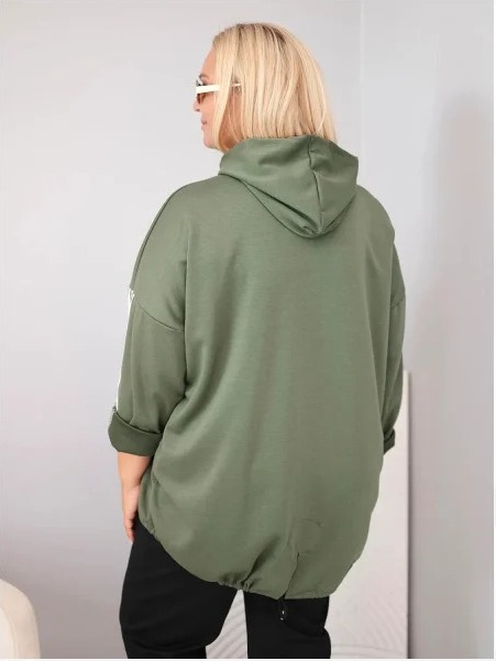 Dámska mikina Plus Size z viskózy s kapucňou a ozdobnými pásikmi khaki