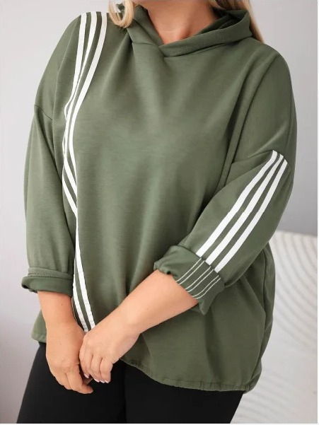 Dámska mikina Plus Size z viskózy s kapucňou a ozdobnými pásikmi khaki
