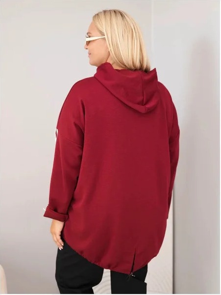 Dámska mikina Plus Size z viskózy s kapucňou a ozdobnými pásikmi bordová