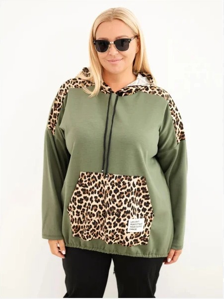 Dámska mikina Plus Size z viskózy s kapucňou a leopardími vložkami khaki