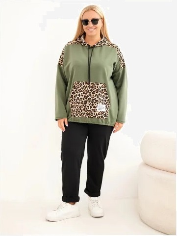 Dámska mikina Plus Size z viskózy s kapucňou a leopardími vložkami khaki