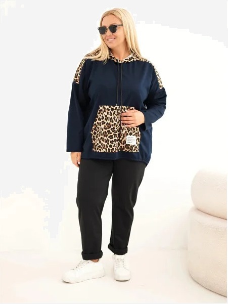 Dámska mikina Plus Size z viskózy s kapucňou a vložkami s leopardím vzorom modrá