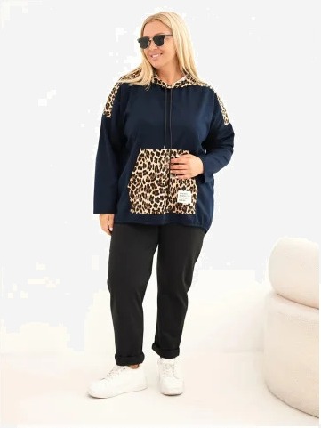 Dámska mikina Plus Size z viskózy s kapucňou a vložkami s leopardím vzorom modrá