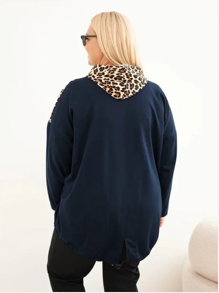 Dámska mikina Plus Size z viskózy s kapucňou a vložkami s leopardím vzorom modrá