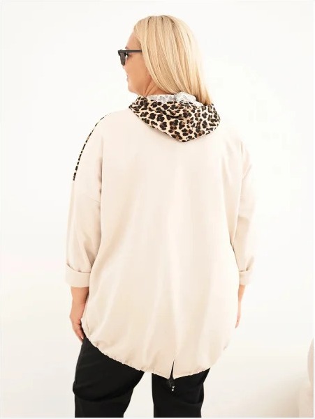 Dámska mikina Plus Size z viskózy s kapucňou a leopardími vsadkami béžová