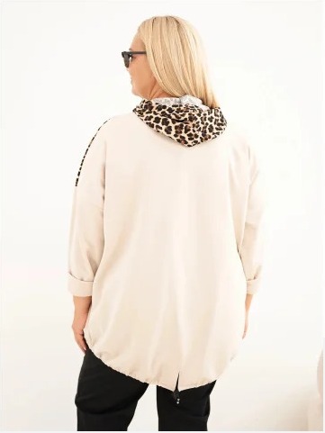 Dámska mikina Plus Size z viskózy s kapucňou a leopardími vsadkami béžová