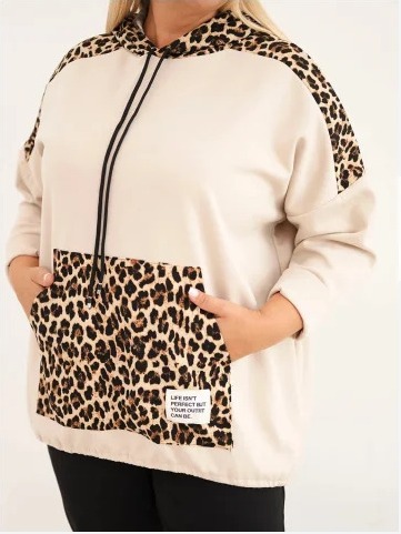 Dámska mikina Plus Size z viskózy s kapucňou a leopardími vsadkami béžová