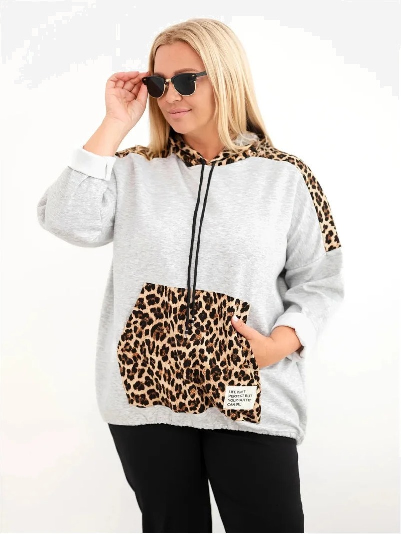 Dámska mikina Plus Size z viskózy s kapucňou a leopardími vložkami sivá
