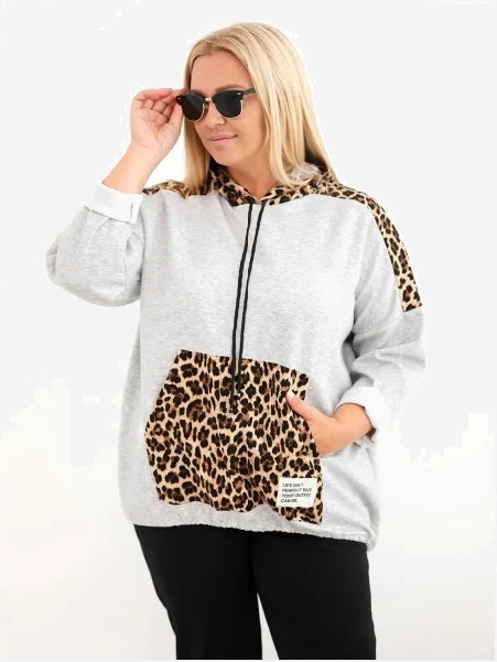 Dámska mikina Plus Size z viskózy s kapucňou a leopardími vložkami sivá