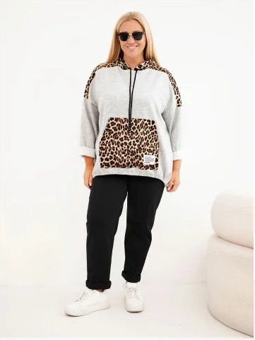 Dámska mikina Plus Size z viskózy s kapucňou a leopardími vložkami sivá