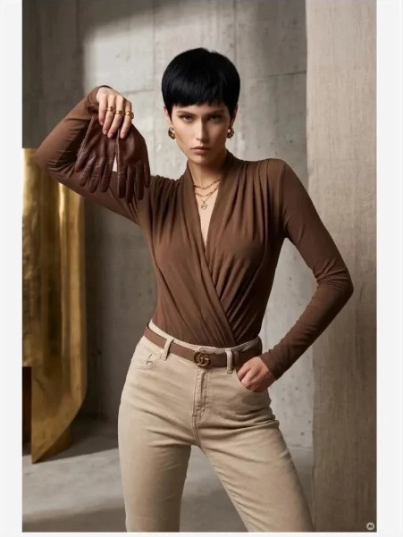 375-11 Štýlové dámske body so zavinovacím výstrihom - mocca hnedá