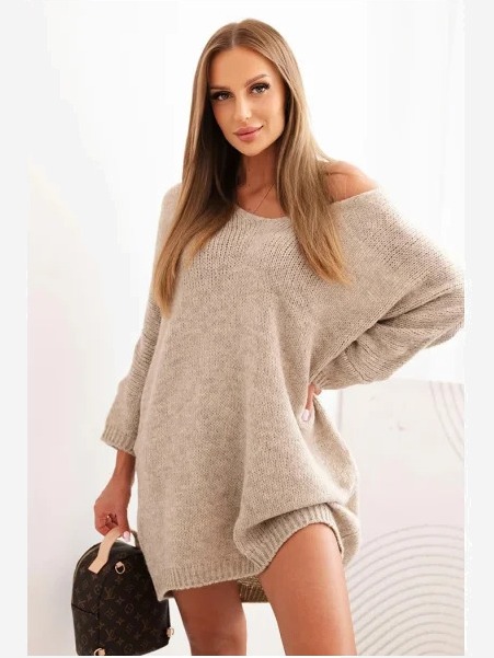 Šaty Plus Size z vlny s dekoltom do V tmavo béžová