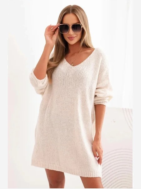 Šaty Plus Size z vlny s výstrihom do V svetlo béžová