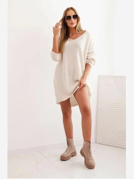 Šaty Plus Size z vlny s výstrihom do V svetlo béžová