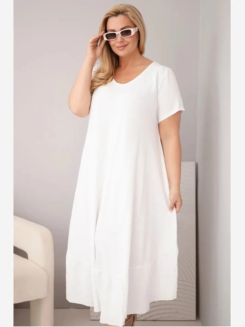 Dámske plus size šaty s krátkym rukávom a volánom z ľahkej viskózy biela