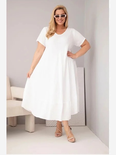 Dámske plus size šaty s krátkym rukávom a volánom z ľahkej viskózy biela