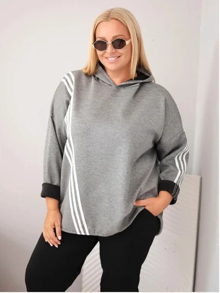 Dámska mikina Plus Size z viskózy s kapucňou a ozdobnými pásikmi tmavosivá tmavo szara