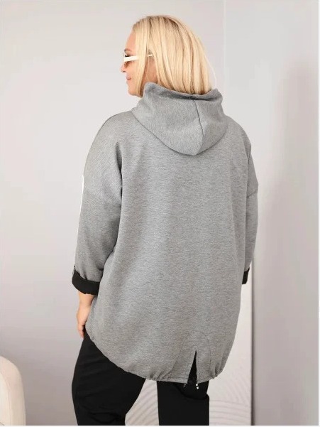 Dámska mikina Plus Size z viskózy s kapucňou a ozdobnými pásikmi tmavosivá tmavo szara