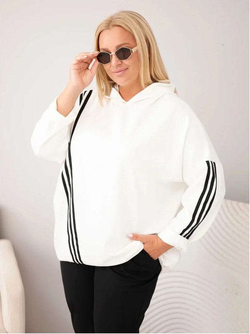 Dámska mikina Plus Size z viskózy s kapucňou a ozdobnými pásikmi ecru