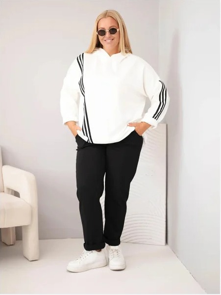 Dámska mikina Plus Size z viskózy s kapucňou a ozdobnými pásikmi ecru