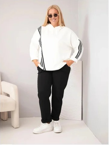Dámska mikina Plus Size z viskózy s kapucňou a ozdobnými pásikmi ecru