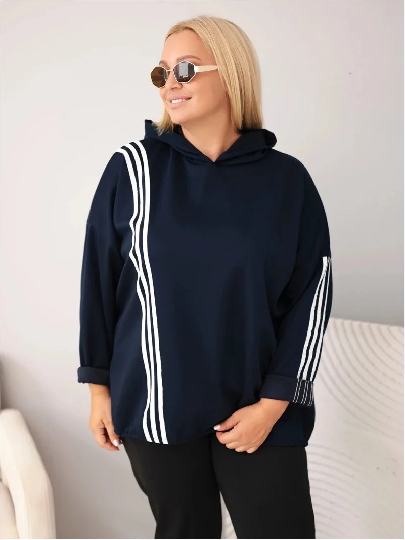 Dámska mikina Plus Size viskózová s kapucňou a ozdobnými pásmi modrá