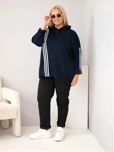 Dámska mikina Plus Size viskózová s kapucňou a ozdobnými pásmi modrá