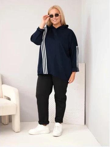 Dámska mikina Plus Size viskózová s kapucňou a ozdobnými pásmi modrá