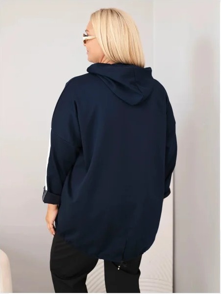 Dámska mikina Plus Size viskózová s kapucňou a ozdobnými pásmi modrá