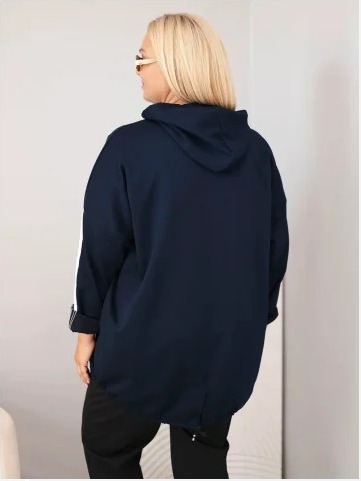 Dámska mikina Plus Size viskózová s kapucňou a ozdobnými pásmi modrá