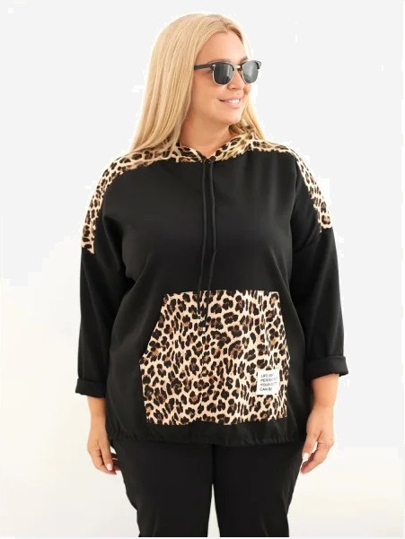 Dámska mikina Plus Size z viskózy s kapucňou a leopardími vložkami čierna