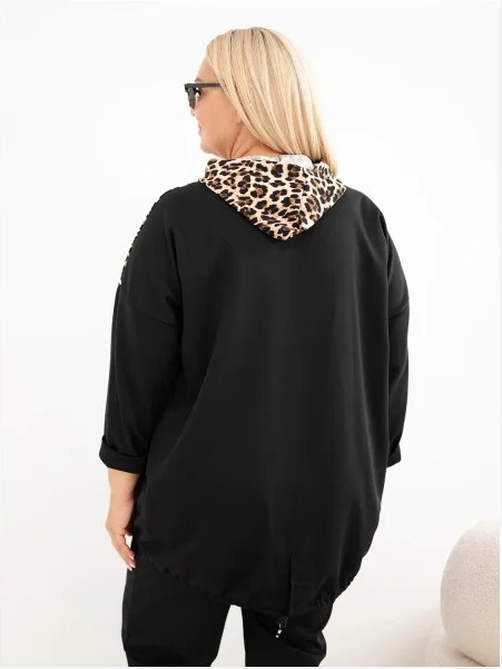 Dámska mikina Plus Size z viskózy s kapucňou a leopardími vložkami čierna