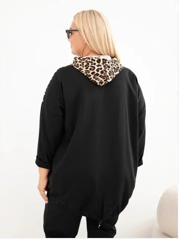 Dámska mikina Plus Size z viskózy s kapucňou a leopardími vložkami čierna