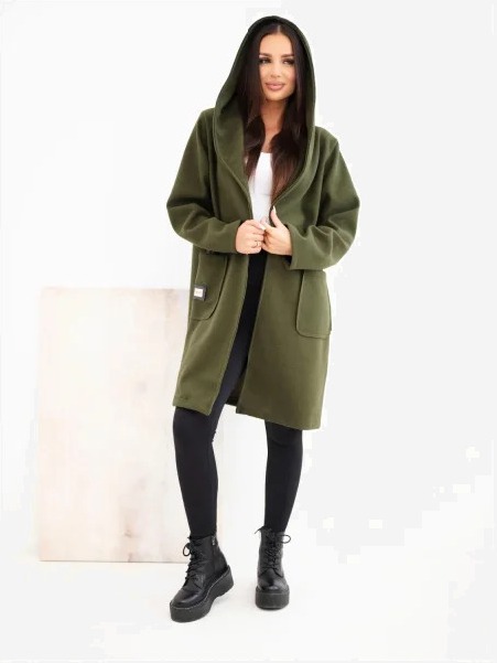 Dámsky kabát s kapucňou a veľkými vreckami khaki