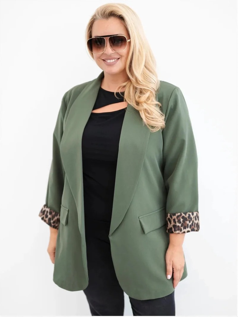 Dámske sako Plus Size s panterkovou podšívkou khaki